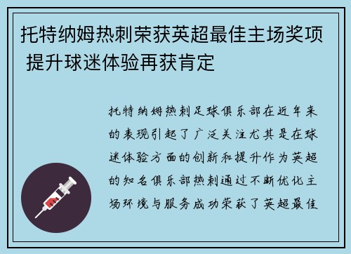 托特纳姆热刺荣获英超最佳主场奖项 提升球迷体验再获肯定